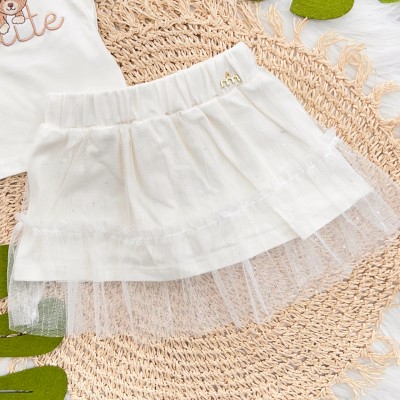 Conj. Blusa Bear Cute Perolado e Short Saia em Tule Brilhante - Off White